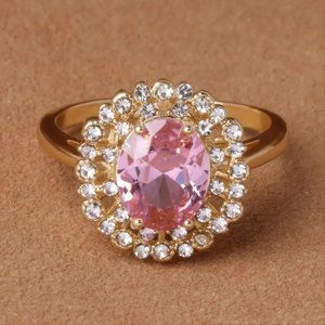 Gorgeous 14 K Yellow Gold Pink Oval Zircon Ring Charms Womens Jewelry Size 7